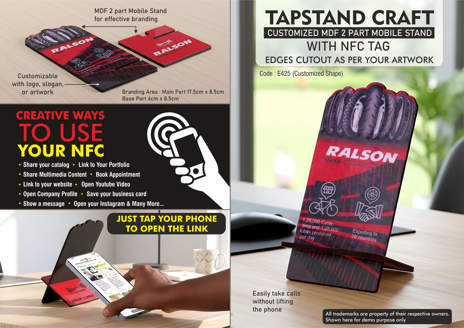 TapStand Craft : Customized MDF 2 part Mobile stand with NFC Tag | Link to your Catalog, Website, Video, etc | Edges cutout as per your artwork