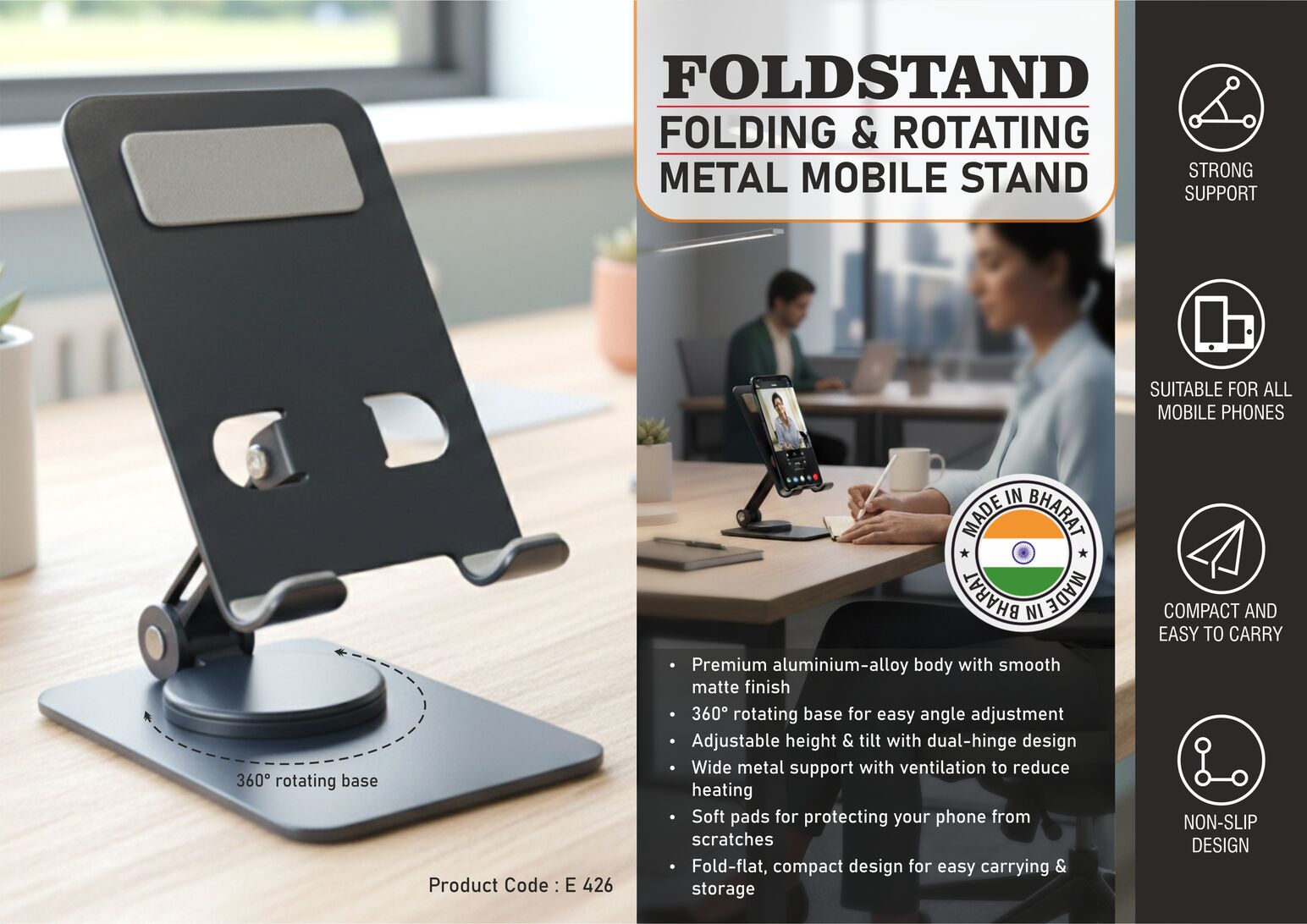 Foldstand: Folding & Rotating Metal Mobile Stand | Folds completely to take minimal space