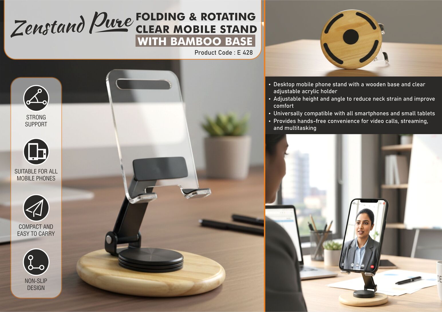 Zenstand Pure: Folding & Rotating Clear Mobile Stand with bamboo base | Folds completely to take minimal space