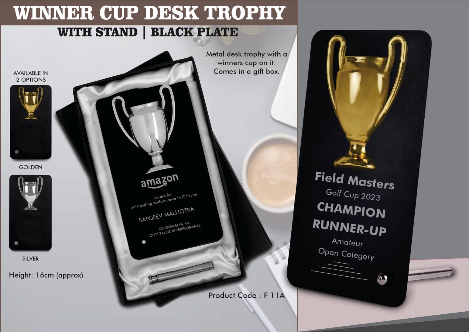 Winner Cup Desk Trophy with stand | Shiny Chrome Cup with Black Plate