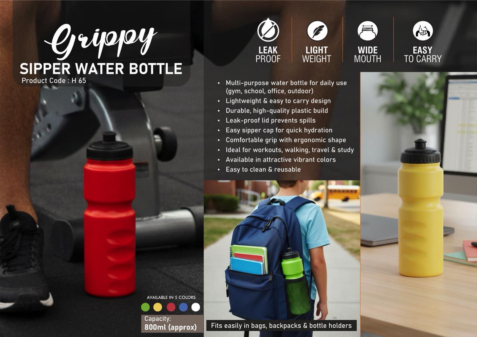 Grippy sipper water bottle (800 ml)