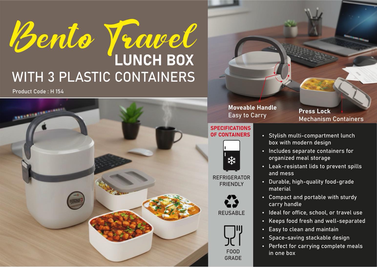 Bento Travel Lunch box with 3 Steel containers & Lifter | Press Lock mechanism