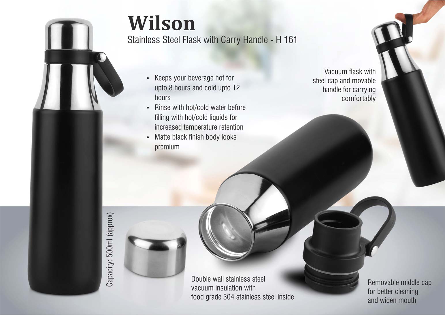 Stainless steel flask with carry handle (500 ml approx)