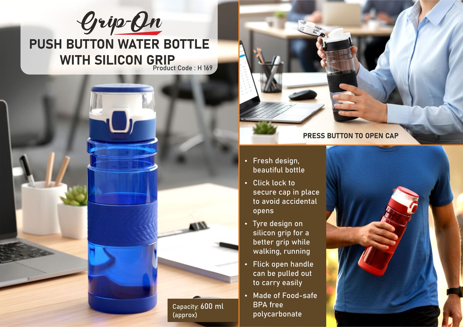 Grip-On: Push button water bottle with silicon grip (600ml approx) | Made from Tritan | BPA free - https://youtu.be/NaeU9Fve6Fk