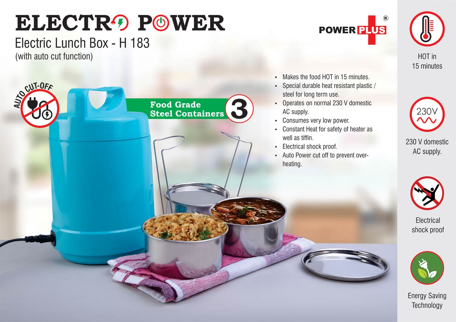 Electro Steel: 3 container electric steel lunch box with Auto cut function