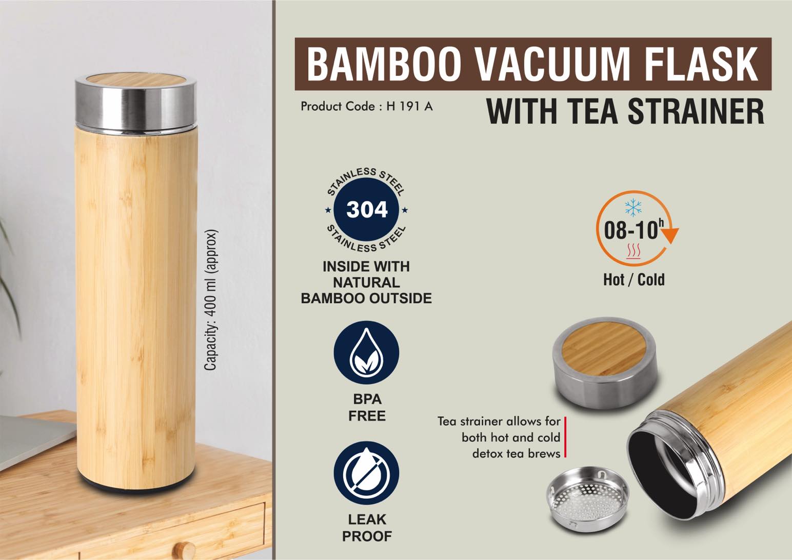 Stainless steel Bamboo Vacuum flask with Tea Strainer | Capacity 400 ml approx - https://youtu.be/N_fCVxrfO3c