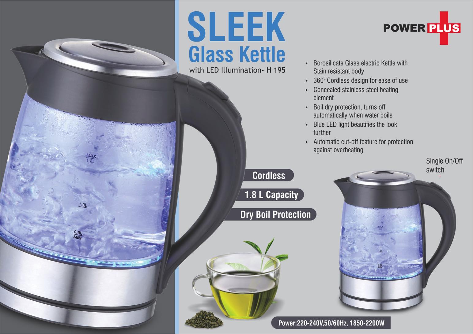 Sleek Glass kettle with LED illumination (1.8 L