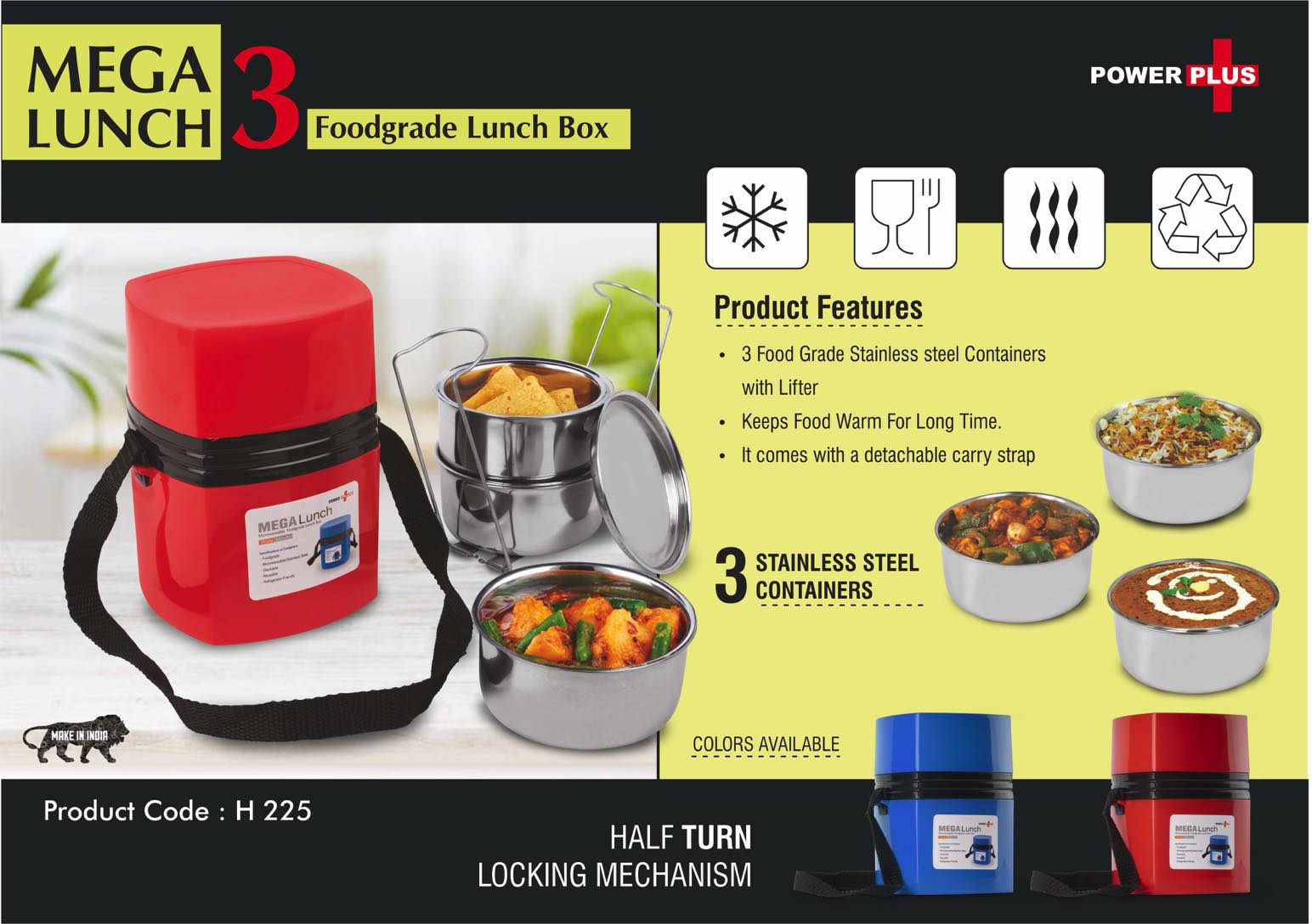 Power Plus Mega Steel Lunch Box- 3 Stainless steel containers with lifter