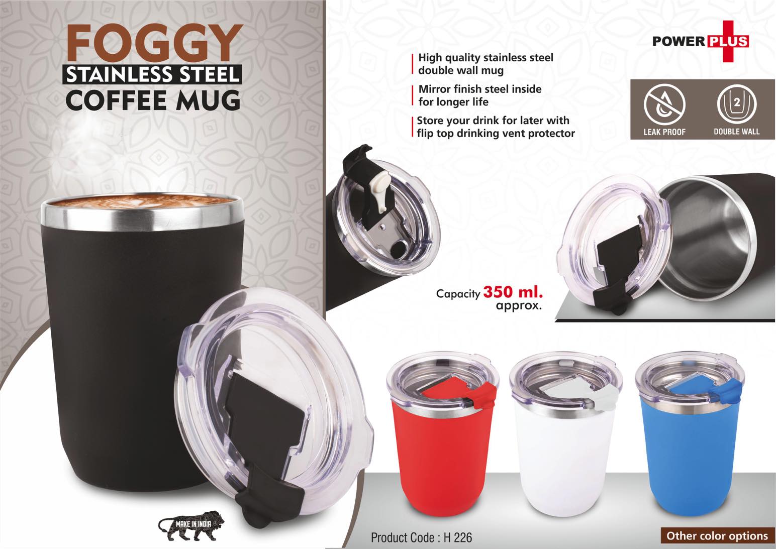 Oscar: Stainless Steel coffee mug with handle | Premium clear cap with flip top lid | Leak Proof | Capacity 350ml approx