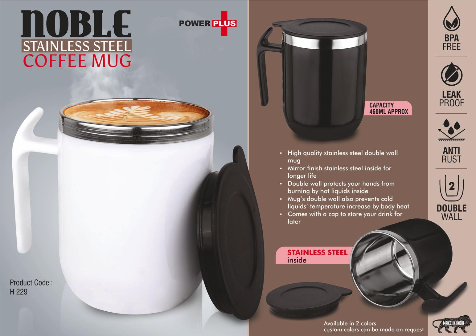 Noble: Stainless Steel Double wall Coffee mug with Pointy handle | Leak Proof | Capacity 460ml approx
