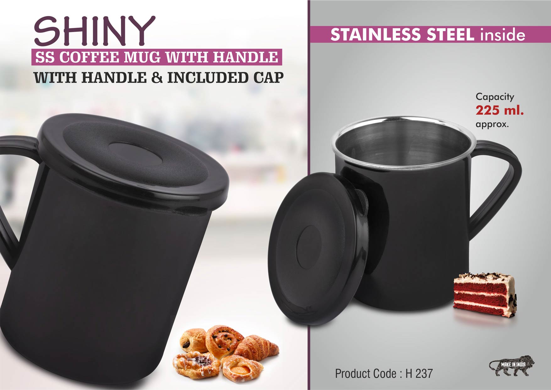 Shiny Steel Coffee mug with handle | Cap included | Capacity 225ml approx