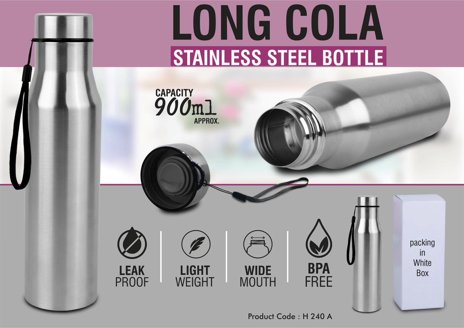 Long cola stainless steel single wall bottle with carry strap | Capacity 900ml approx