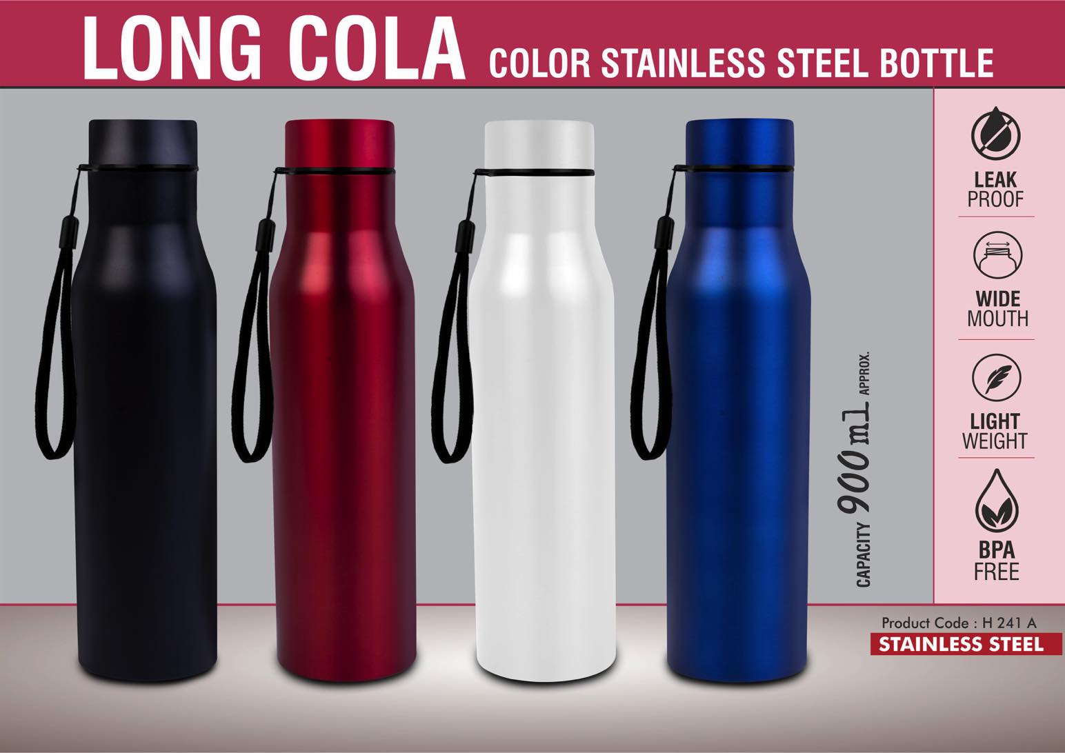 Long Cola Colored Stainless steel single wall bottle | With Colored Cap & Carry strap | Capacity 900ml approx