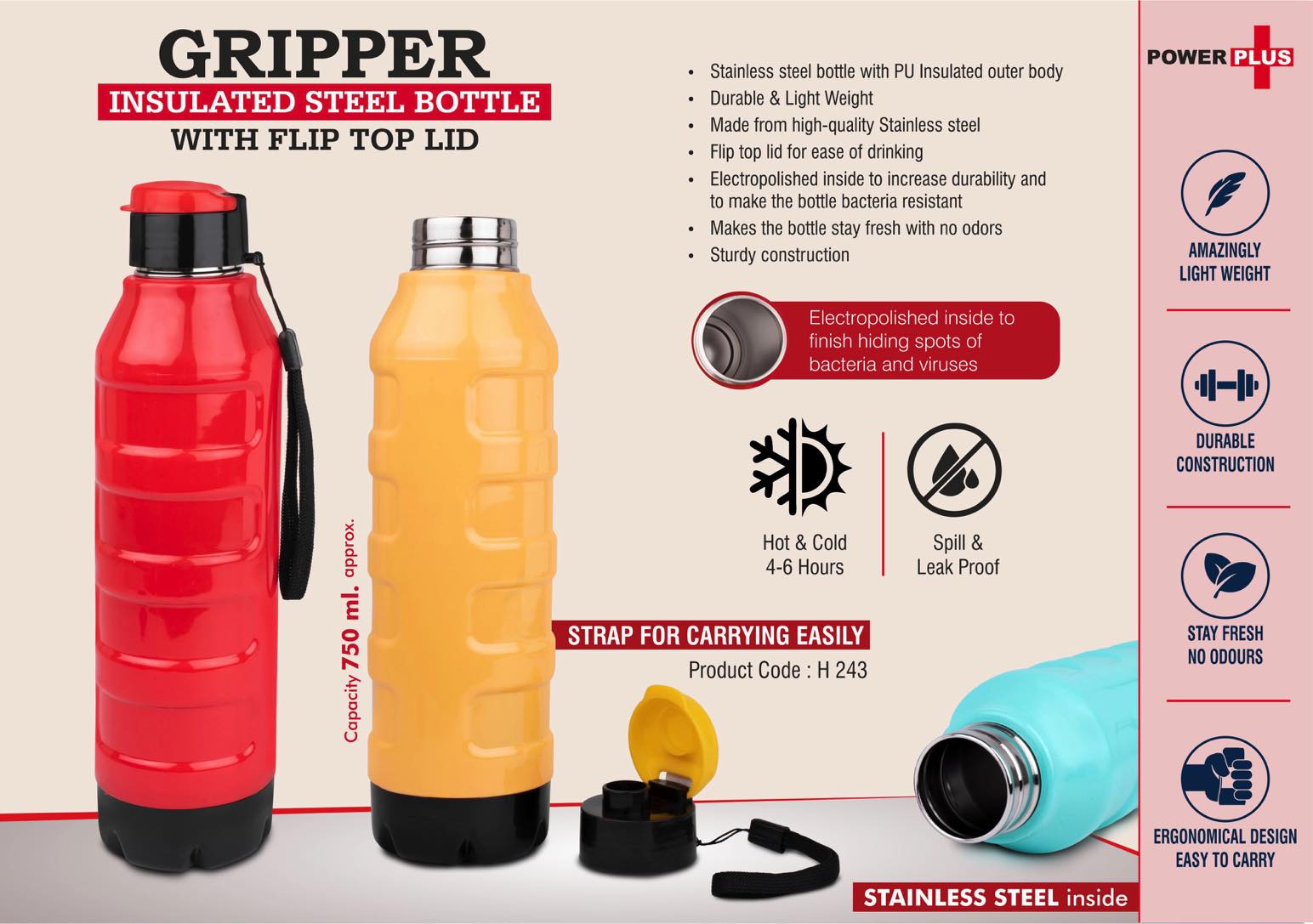 Gripper: Insulated Steel Bottle with Flip top lid | Keeps Hot & Cold for 4-6 Hours | Capacity 750 ml approx