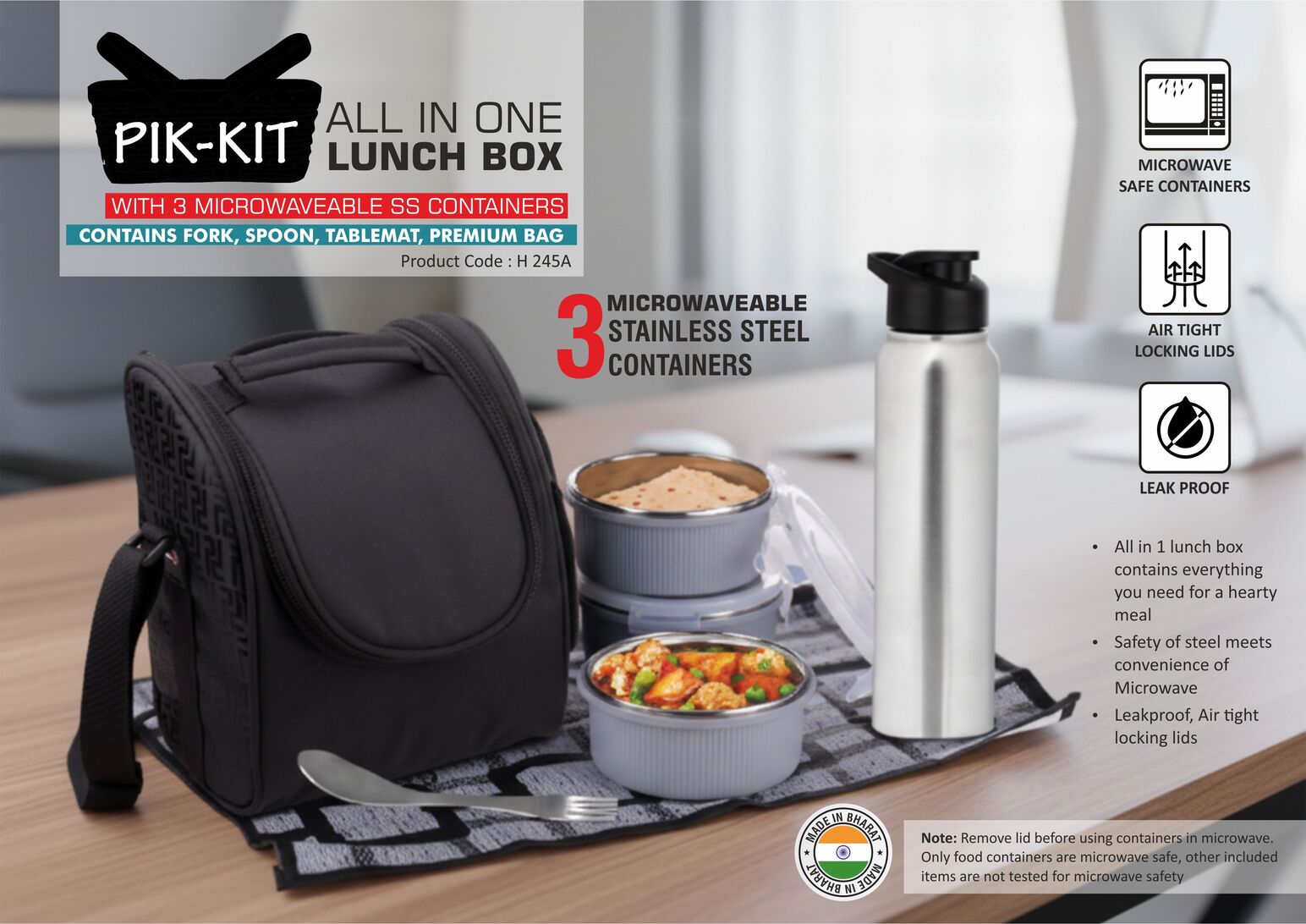 PIK-KIT: All in 1 Lunch box with 3 Microwaveable Steel containers | Contains SS bottle, Fork, Spoon, Tablemat, Premium Bag