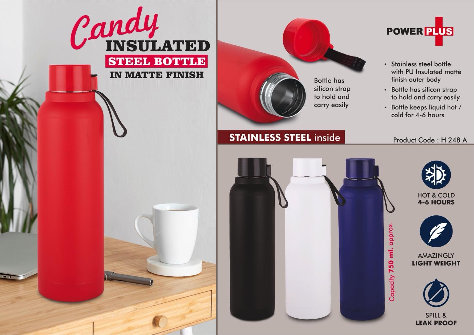Candy: Insulated Steel Bottle in Matte Finish | Keeps Hot & Cold for 4-6 Hours | Capacity 750 ml approx