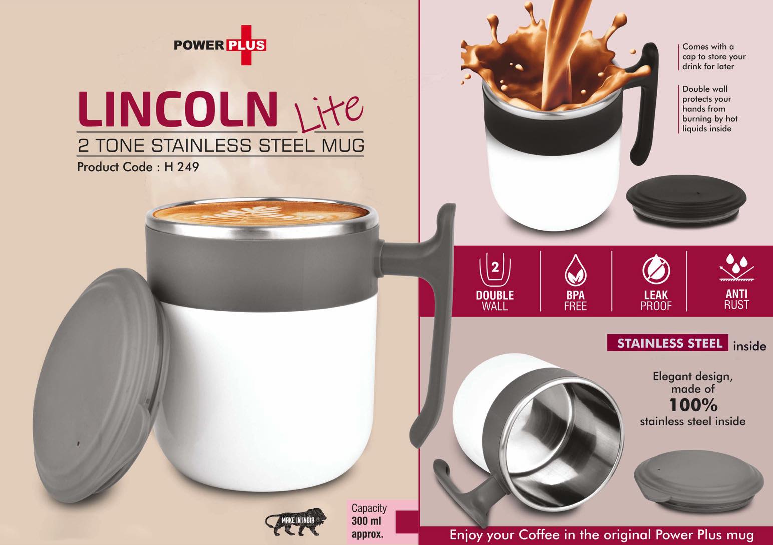 Lincoln Lite: 2 Tone Stainless steel Mug with Lid | Leak proof | BPA Free | Capacity 300 ml approx