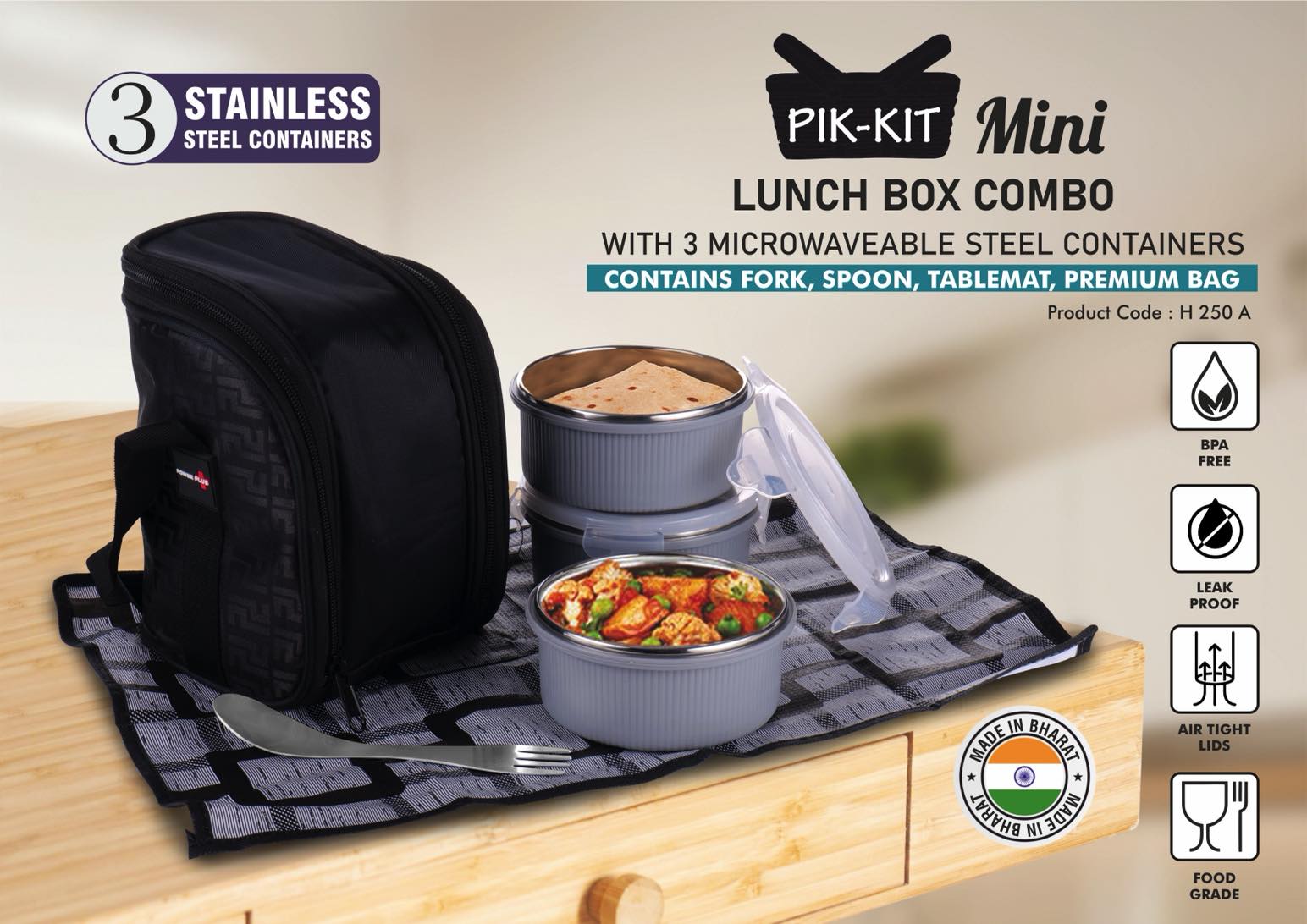 PIK-KIT mini: Lunch box combo with 3 Microwaveable Steel containers | Contains Fork, Spoon, Tablemat, Premium Bag | New Ribbed design