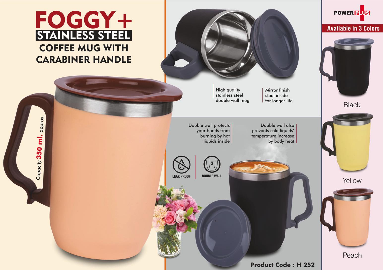 Foggy+ Stainless Steel coffee mug with Carabiner Handle | Leak Proof Cap | Capacity 350ml approx