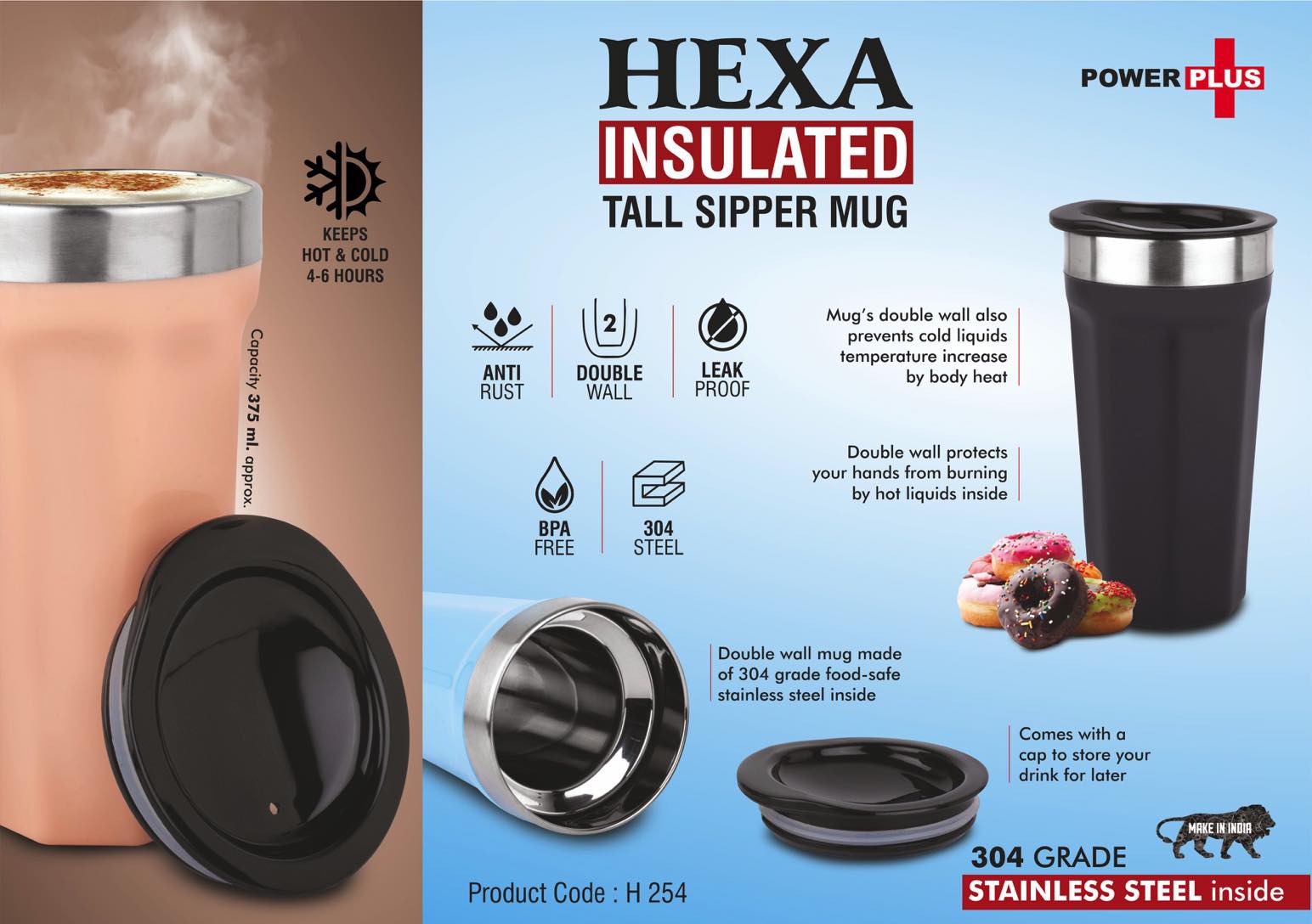 Hexa Insulated: Tall sipper mug | 304 grade Stainless steel inside | Keeps hot up to 4 hours | Capacity 375ml