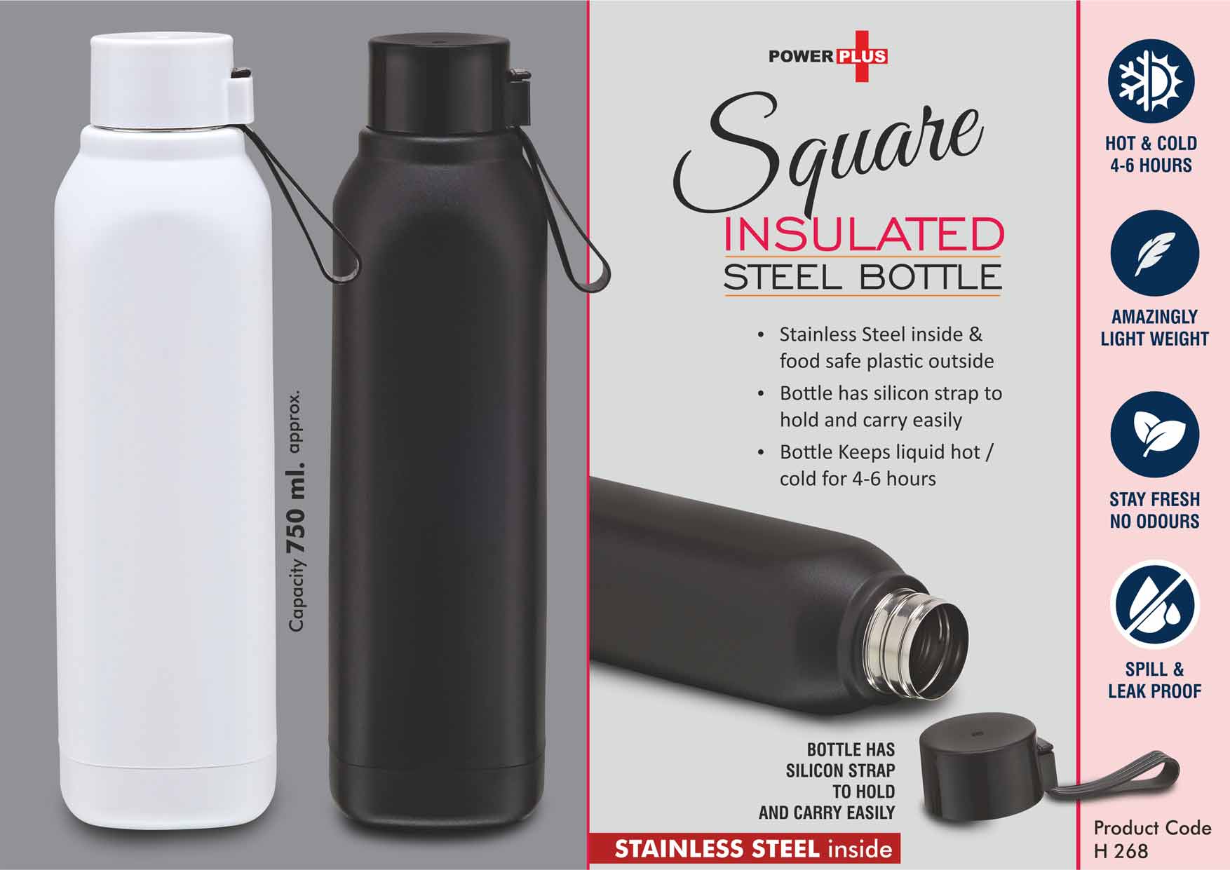 Square: Insulated Steel Bottle | Keeps Hot & Cold for 4-6 Hours | Capacity 750 ml approx