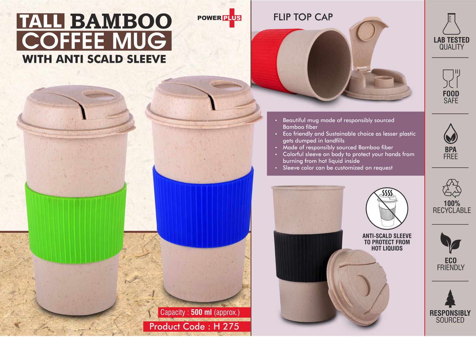 Tall Bamboo Coffee mug: Eco friendly mug with flip top Lid and Anti-Scald sleeve | Capacity 500 ml