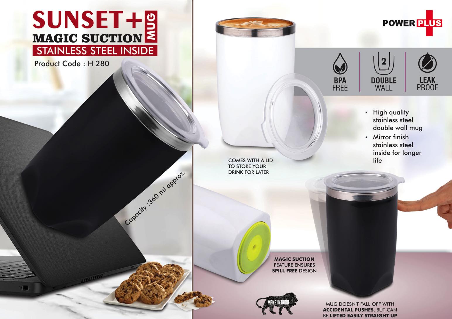 Sunset+: Magic Suction Mug with Stainless Steel inside | Spill proof design | Leak Proof Lid | BPA Free | Capacity 360 ml approx