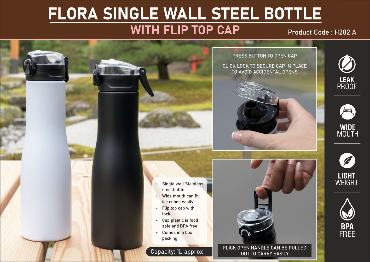 Flora Steel single wall bottle Colored with Flip top Cap | Capacity 1L approx