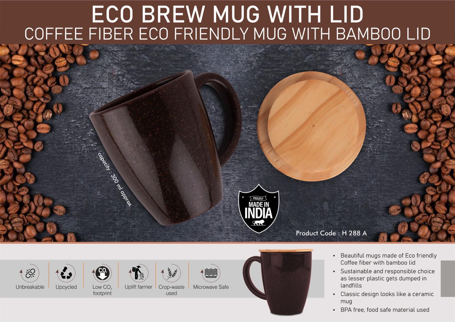 EcoBrew Mug with Lid: Coffee Fiber Eco Friendly Mug with Bamboo Lid | Capacity 300ml approx