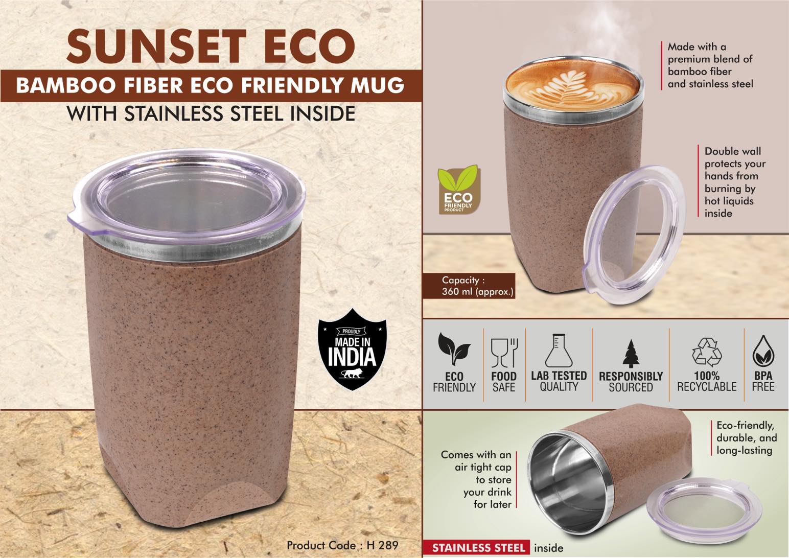 Sunset Eco: Bamboo Fiber Eco Friendly steel Mug with Stainless Steel Inside | Comes with Lid | Leak proof & BPA Free | Capacity 360 ml approx