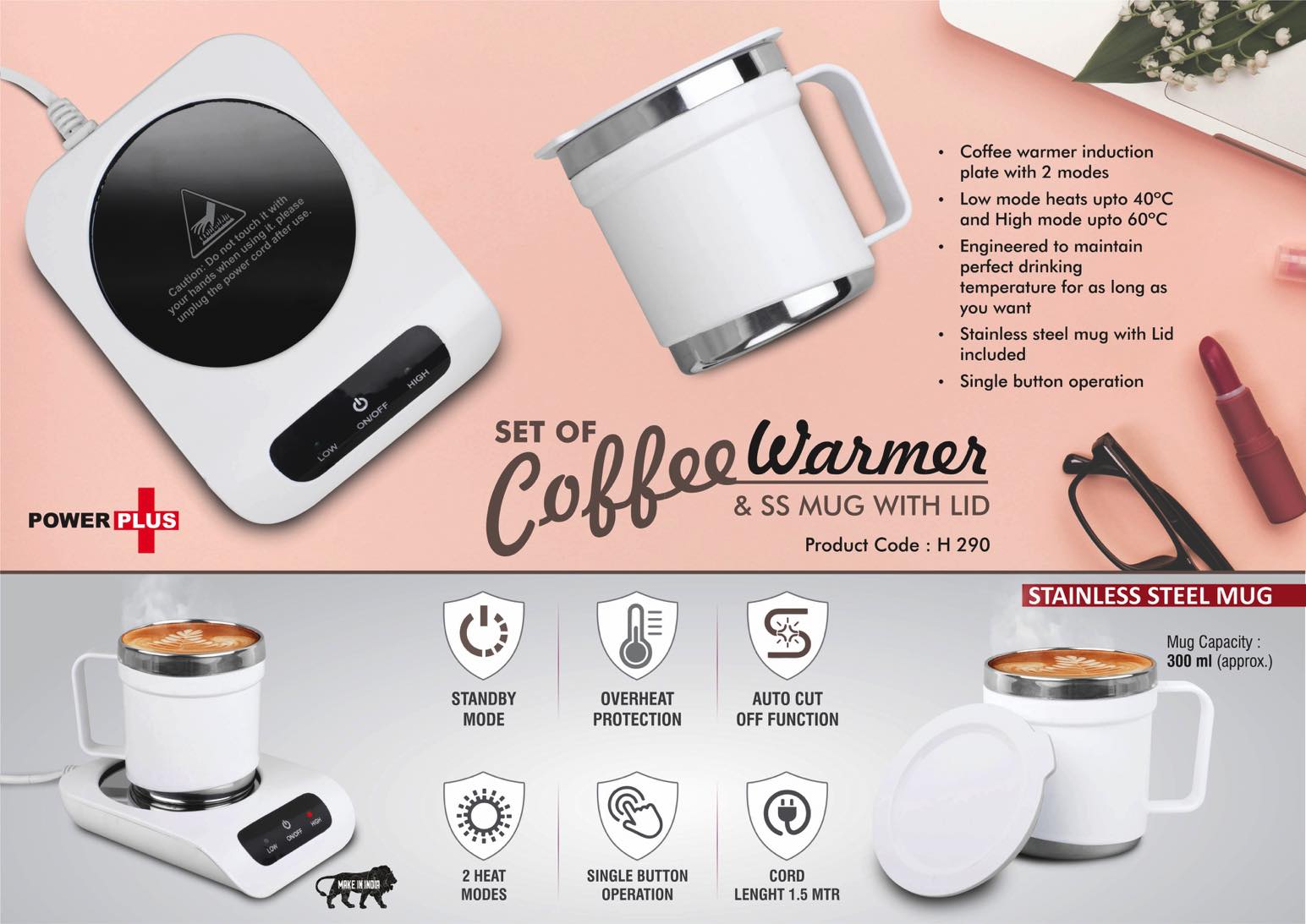 Set of Coffee warmer & SS Mug with Lid | Auto Cut off & Overheat Protection | 2 heat modes