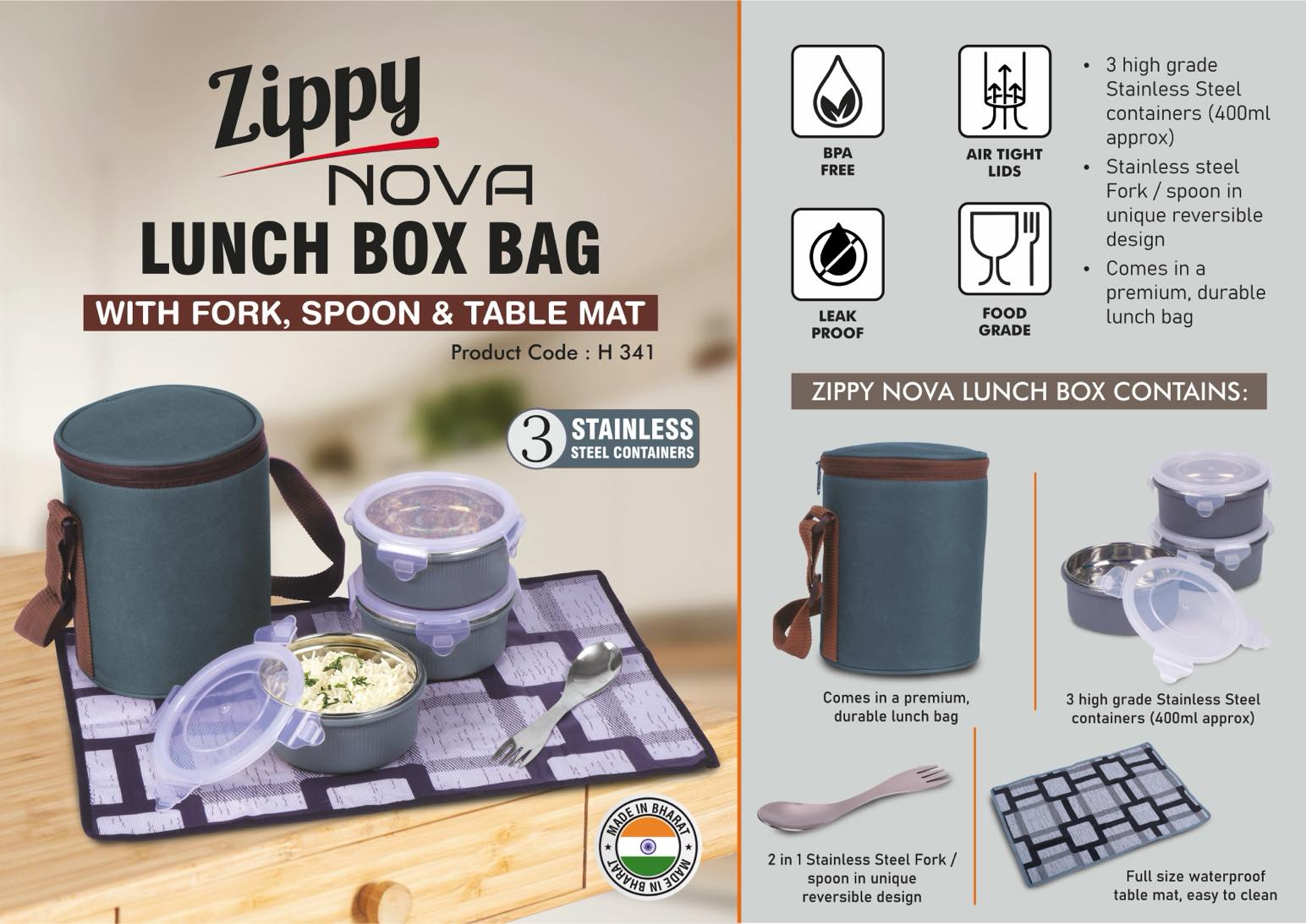 Zippy Nova: Lunch box bag with 3 Stainless steel containers, Fork, Spoon, Tablemat