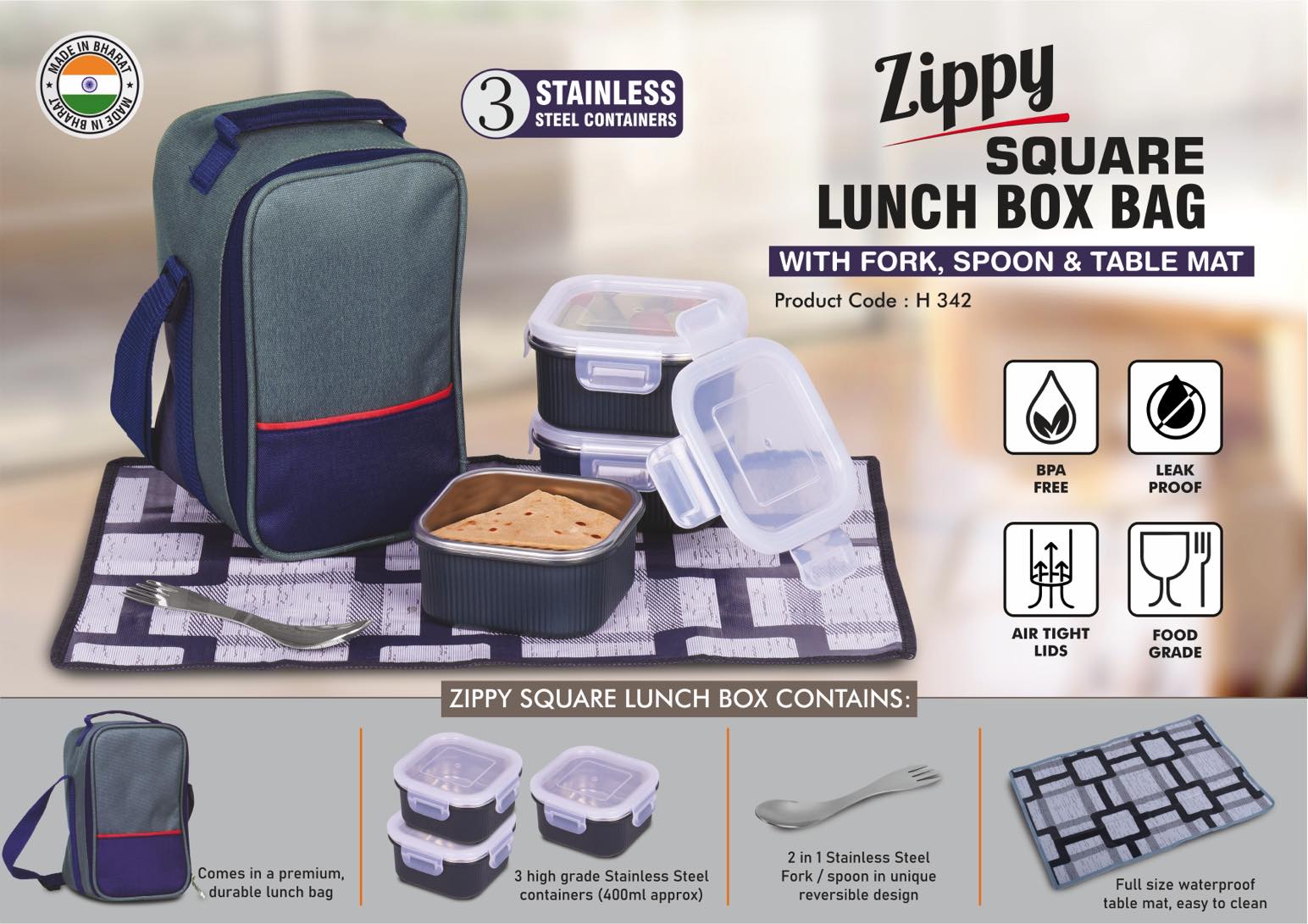 Zippy Square: Lunch box bag with 3 Square Stainless steel containers with striped design, Fork, Spoon, Tablemat