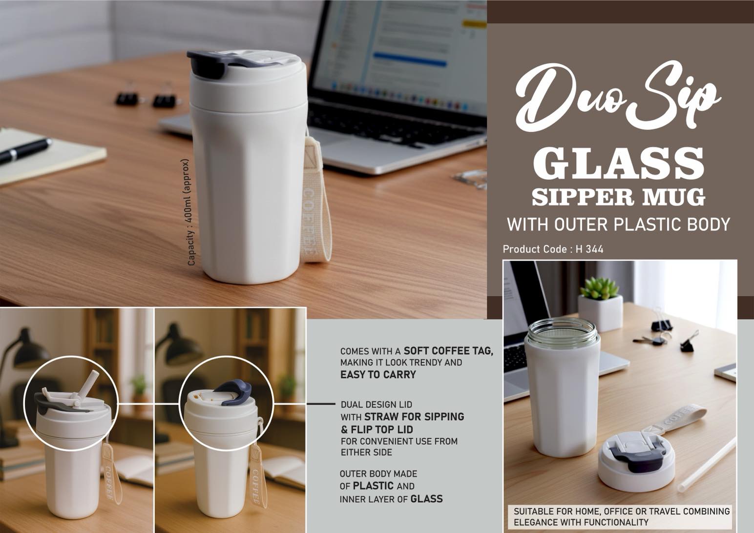 DuoSip: Glass sipper mug with outer Plastic body | Flip top lid and carry strap | Capacity 400ml (approx)