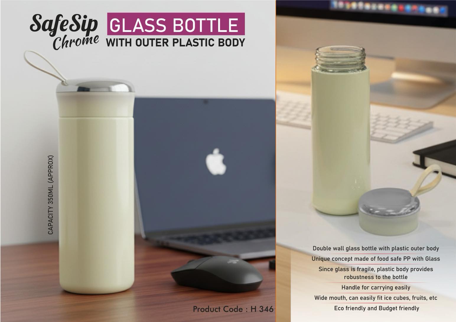 SafeSip Chrome: Glass bottle with outer plastic body and shiny chrome cap | With Soft carry strap | Capacity 400ml (approx)