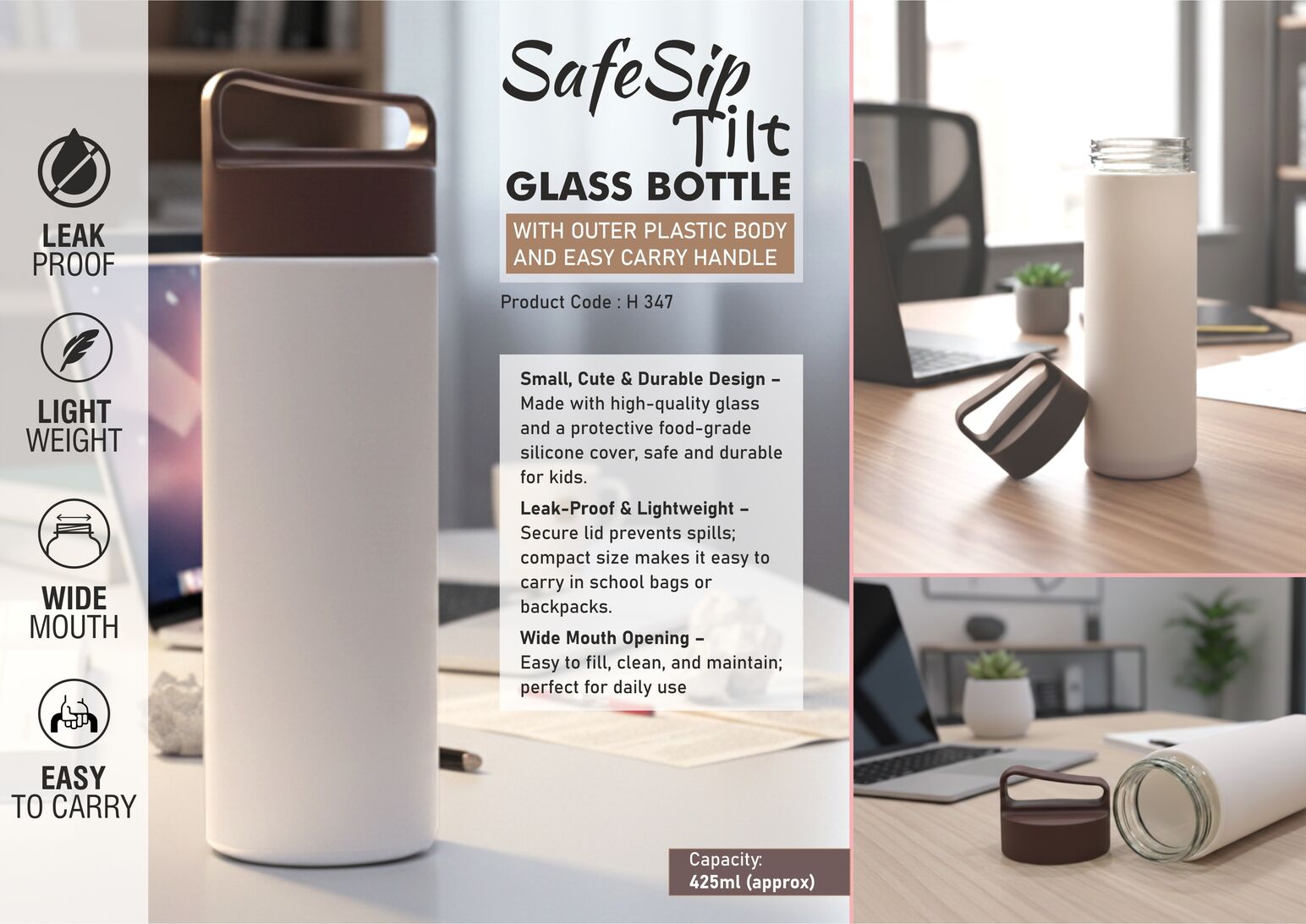 SafeSip Tilt: Glass bottle with outer plastic body and Easy carry handle | Capacity 425ml (approx)