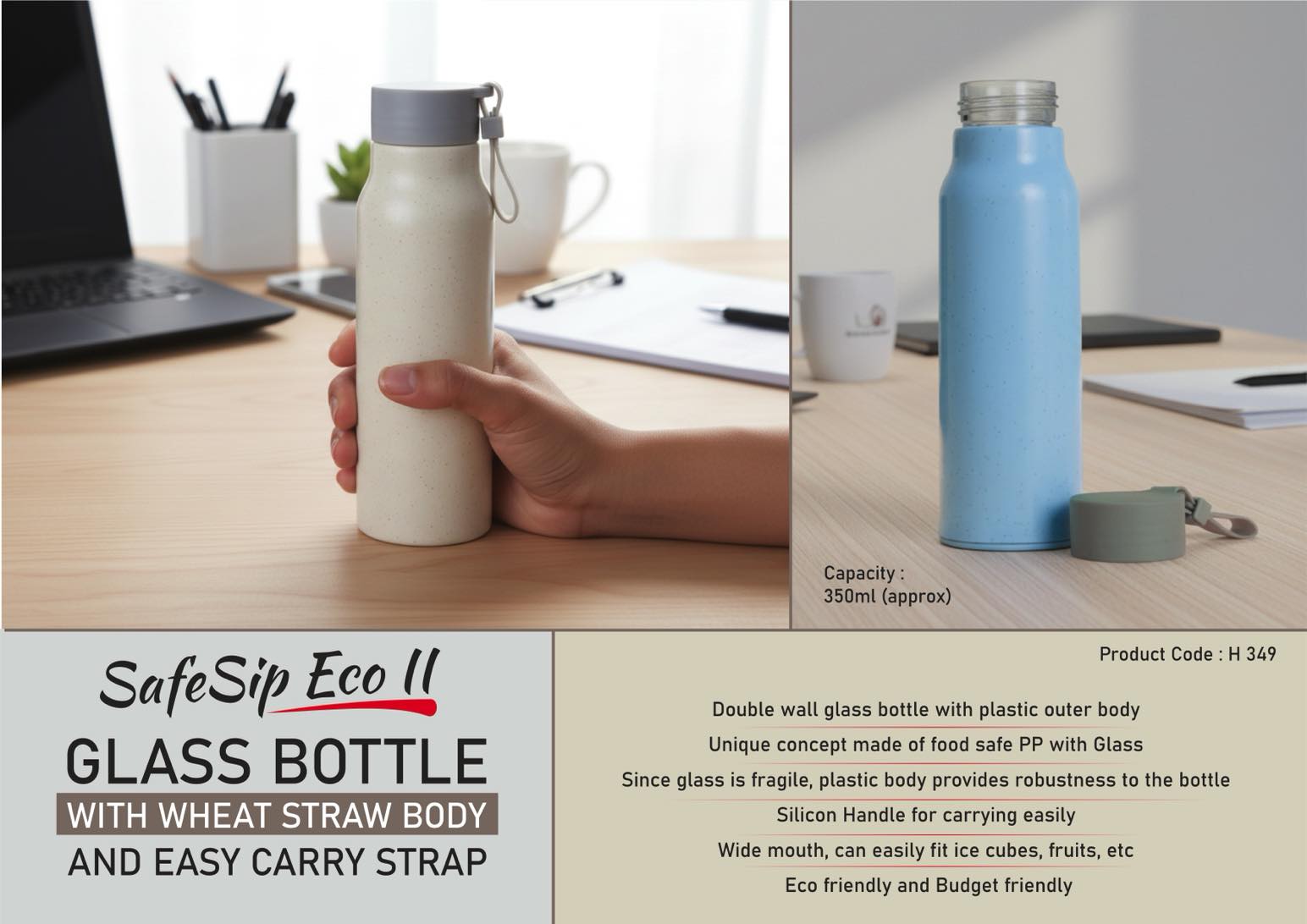 SafeSip Eco II: Glass bottle with wheat straw body and Easy carry strap | Capacity 350ml (approx)