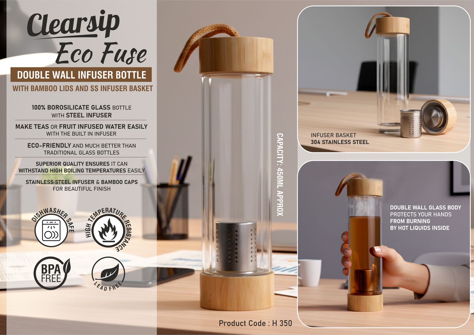 ClearSip EcoFuse: Double wall Borosilicate Infuser Glass bottle with Bamboo lids and SS infuser basket | Capacity 450ml (approx)