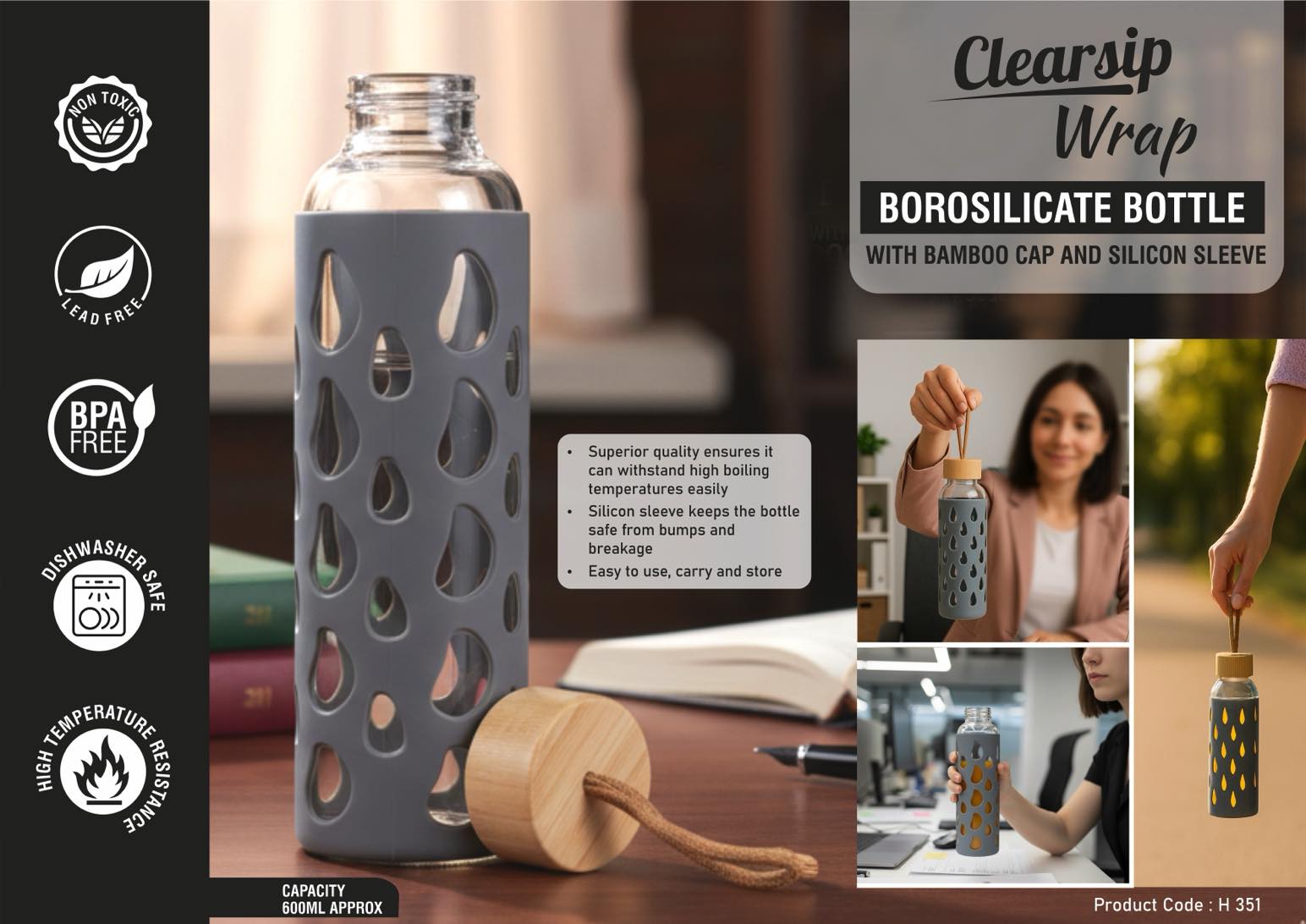 ClearSip Wrap: Borosilicate bottle with Bamboo Cap and Silicon sleeve | Capacity 600ml (approx)