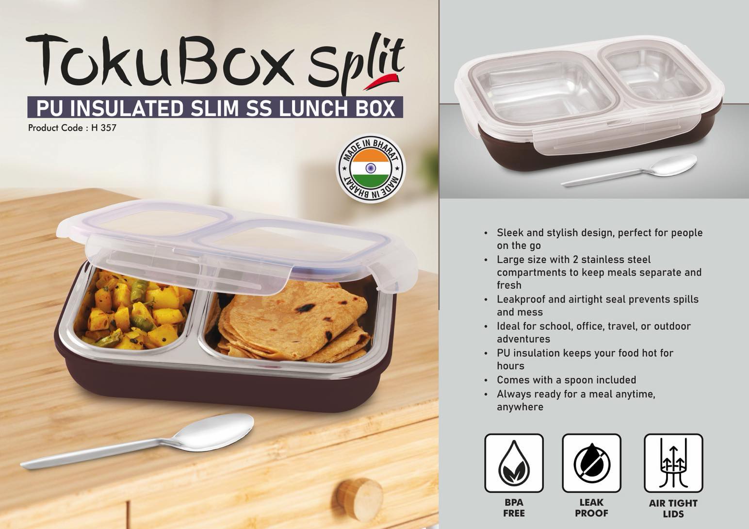TokuBox Split: Slim Lunch box with SS inside | PU Filling keeps food hot | 2 partitions with silicon seal inside to keep contents separate | Spoon included | Leakproof