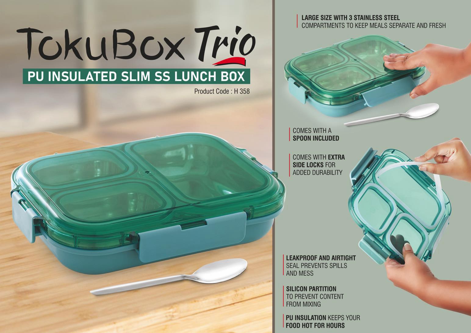 TokuBox Trio: Slim Lunch box with SS inside | PU Filling keeps food hot | 3 partitions with silicon seal inside to keep contents separate | Spoon included | Leakproof