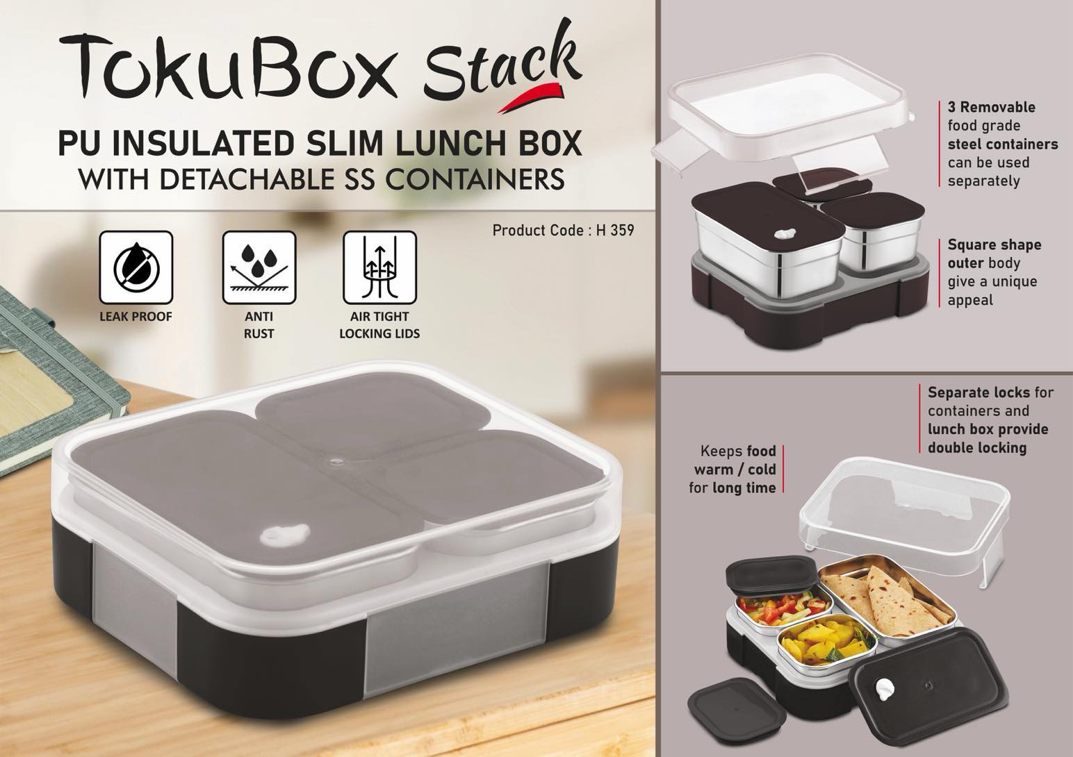 TokuBox Stack: Slim Lunch box with Detachable SS containers | 3 removable containers can be used separately | Leakproof