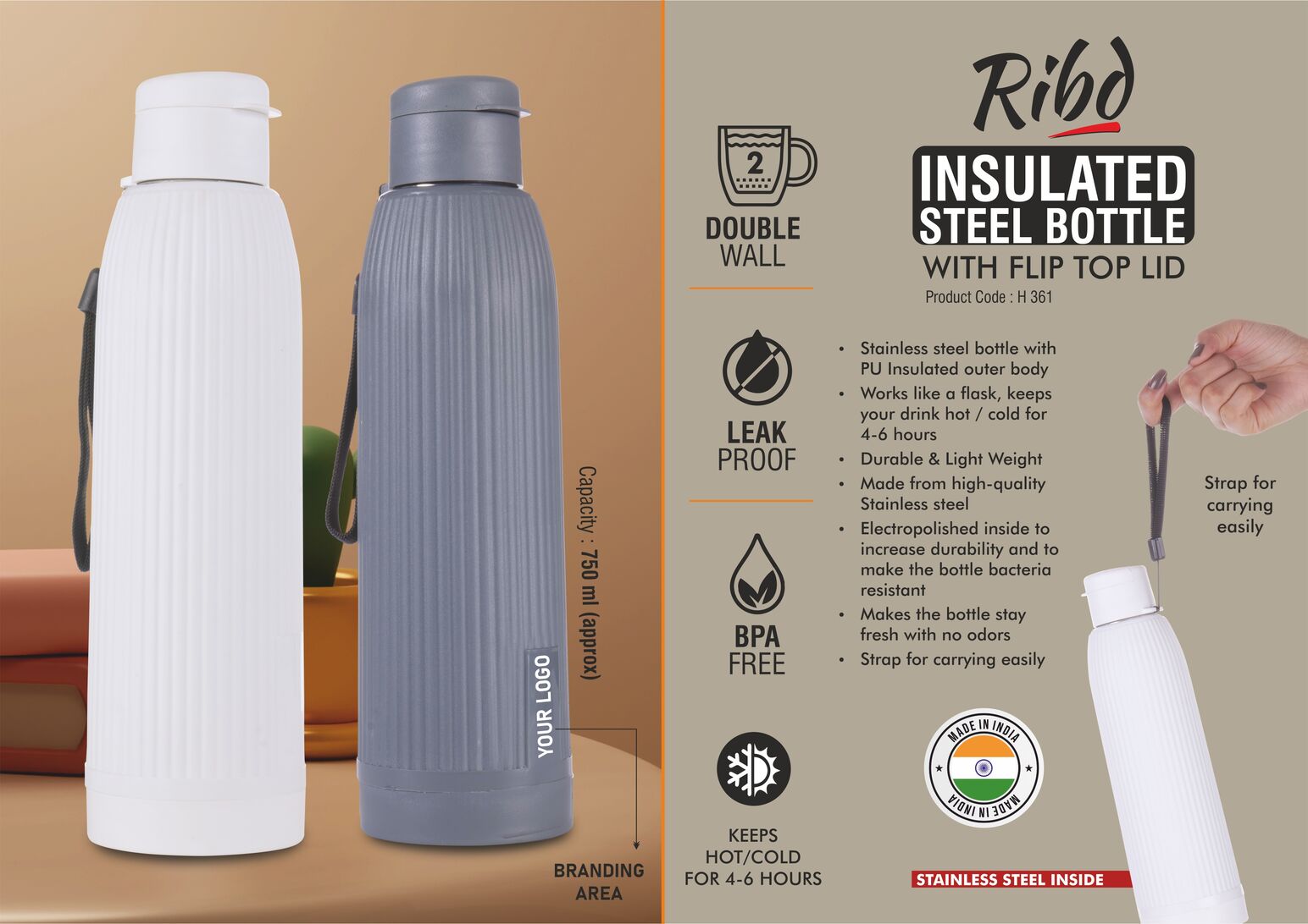 Ribd : Insulated Steel Bottle with flip top lid | Keeps Hot & Cold for 4-6 Hours | Strap for Carrying easily | Capacity 750 ml approx