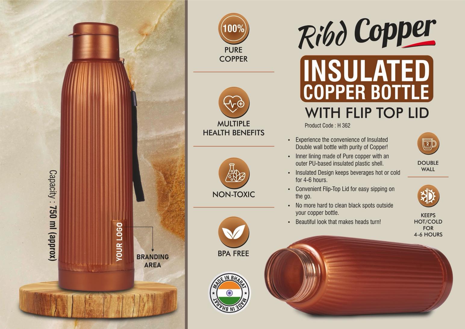 Ribd Copper : Insulated Copper Bottle with flip top lid | Keeps Hot & Cold for 4-6 Hours | Strap for Carrying easily | Capacity 750 ml approx