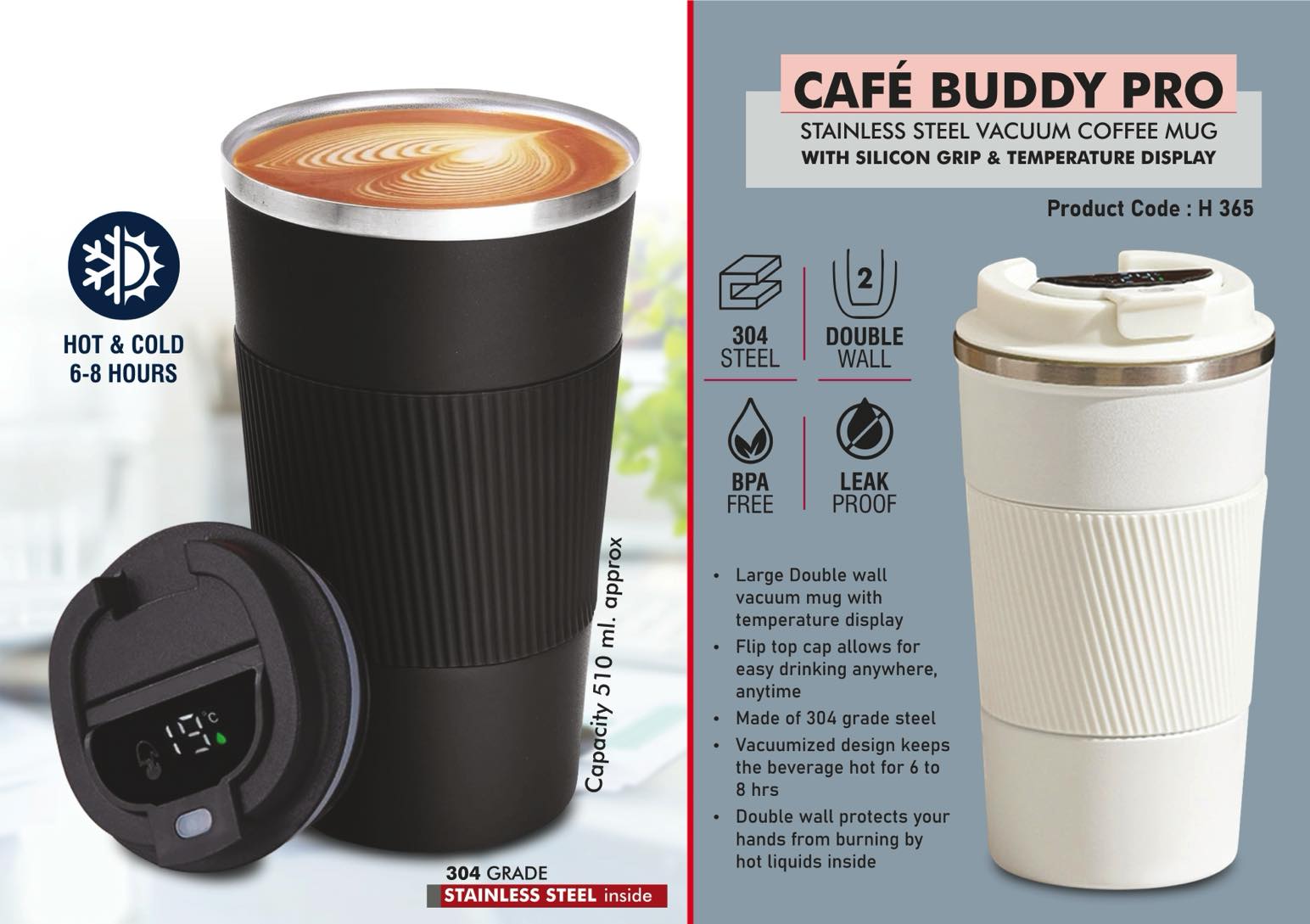 Cafe Buddy Pro: Stainless Steel Vacuum coffee mug with Silicon Grip & Temperature Display | Premium Flip top locking cap | Leakproof | Capacity 510ml approx