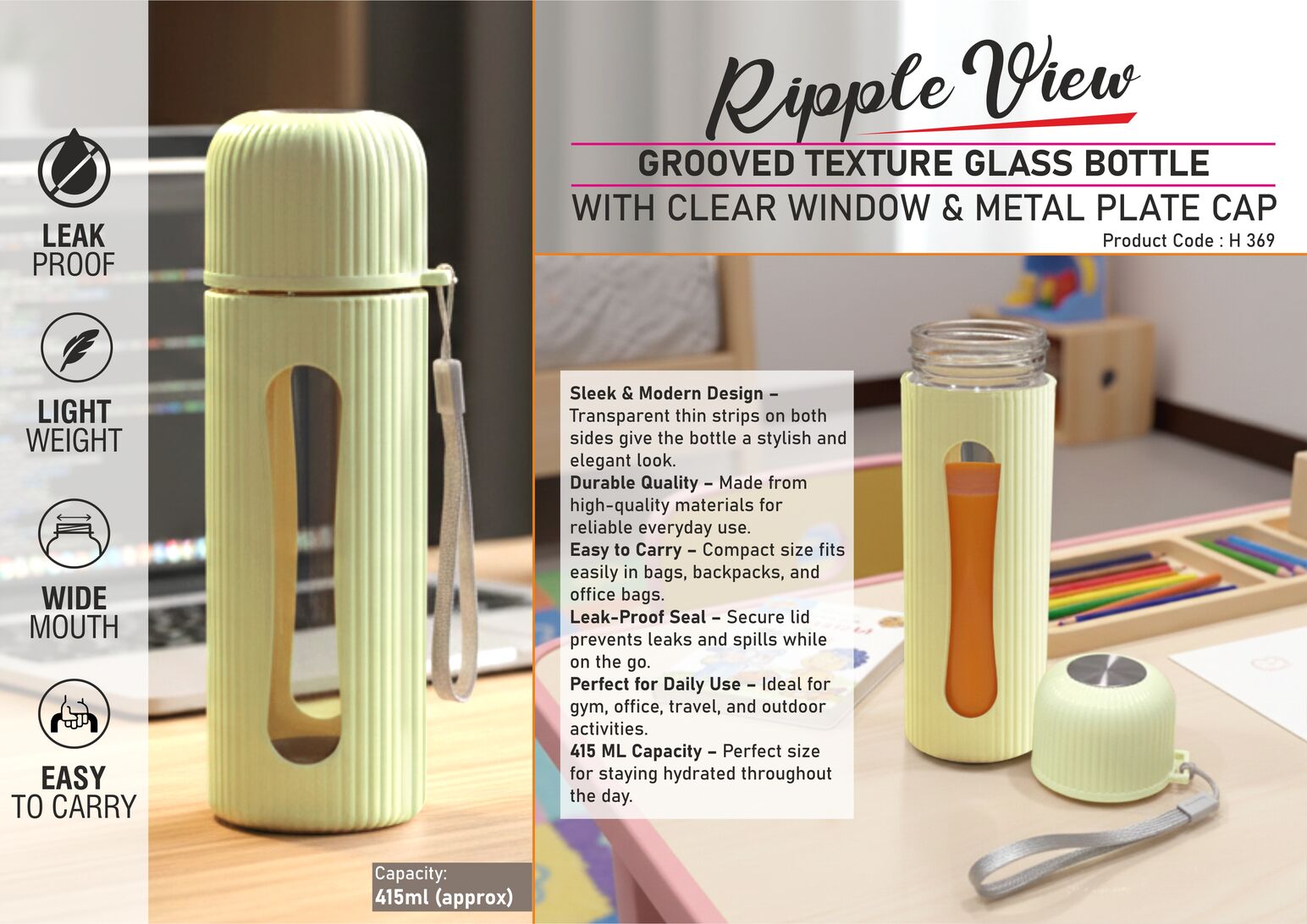 RippleView: Grooved Texture Glass Bottle with Clear Window & Metal Plate Cap | Capacity 415ml (approx)