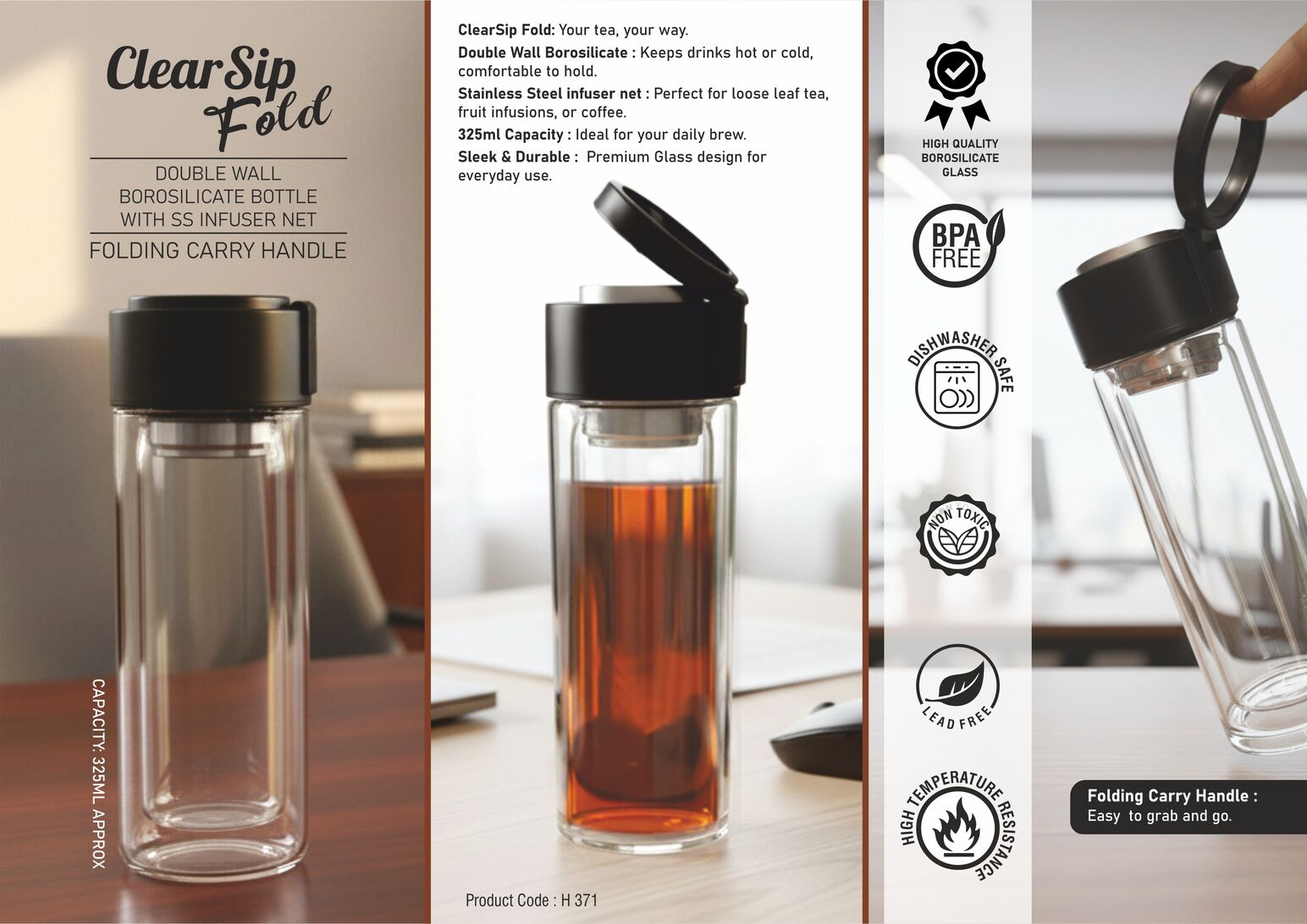 ClearSip Fold: Double wall Borosilicate Glass bottle with SS infuser Net | Folding carry handle | Capacity 325ml (approx)