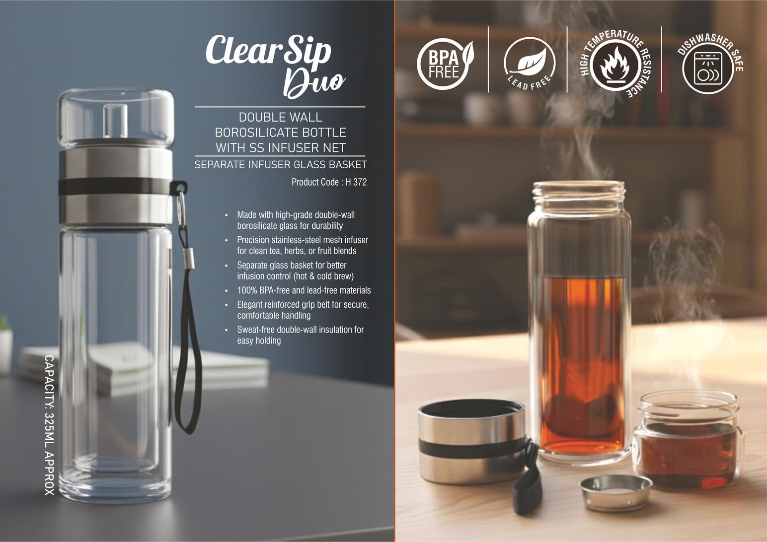 ClearSip Duo: Double wall Borosilicate Infuser Glass bottle with SS infuser net | Separate Infuser Glass basket | Premium carry belt | Capacity 325ml (approx)