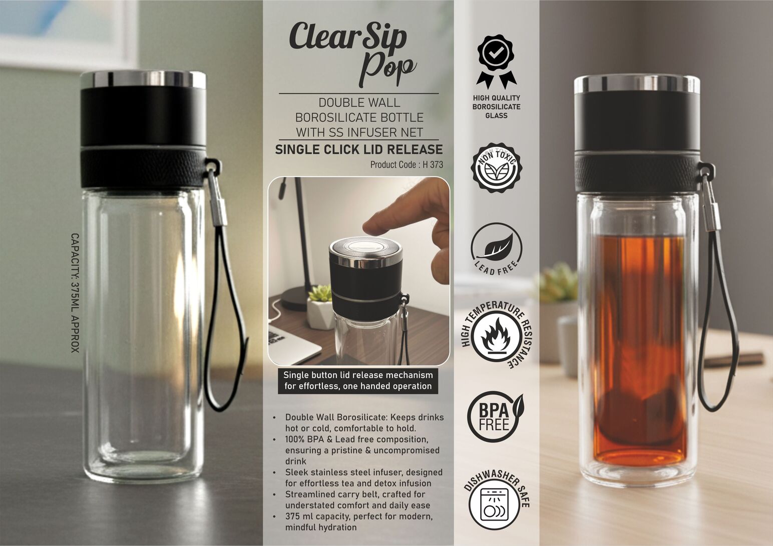 ClearSip Pop: Double wall Borosilicate Glass bottle with SS infuser Net | Single button lid release | Premium carry belt | Capacity 375ml (approx)