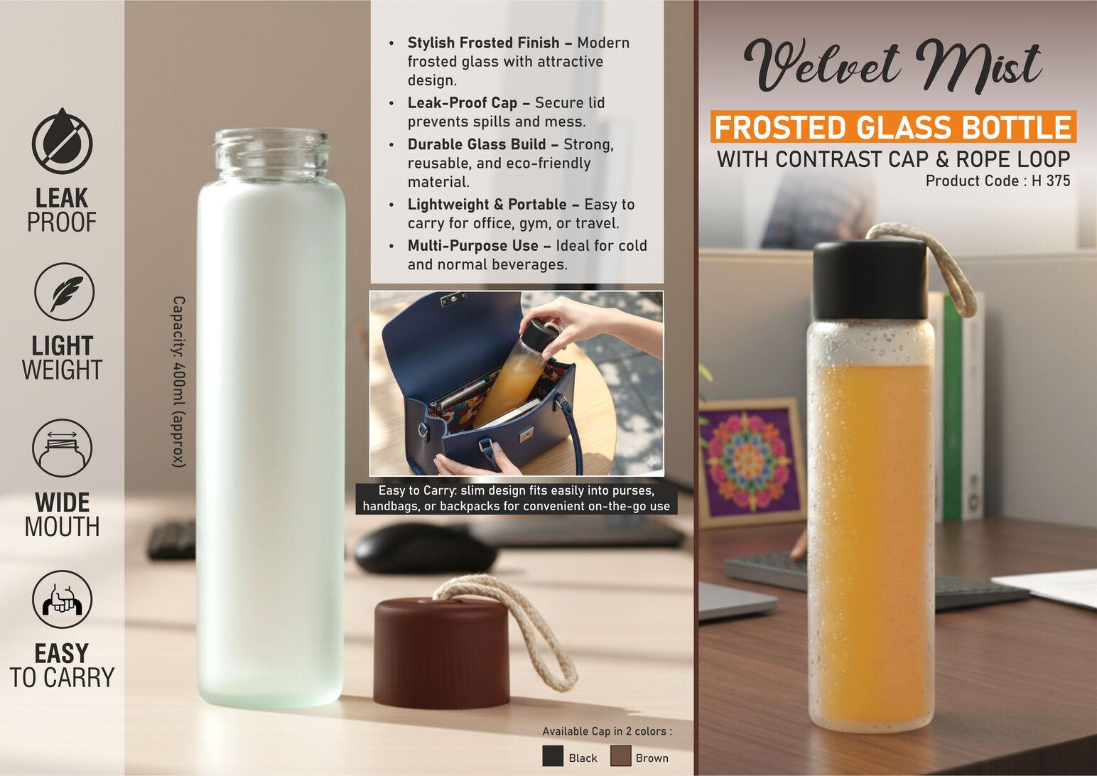 VelvetMist: Frosted Glass Bottle with Contrast Cap & Rope Loop | Capacity 400ml (approx)